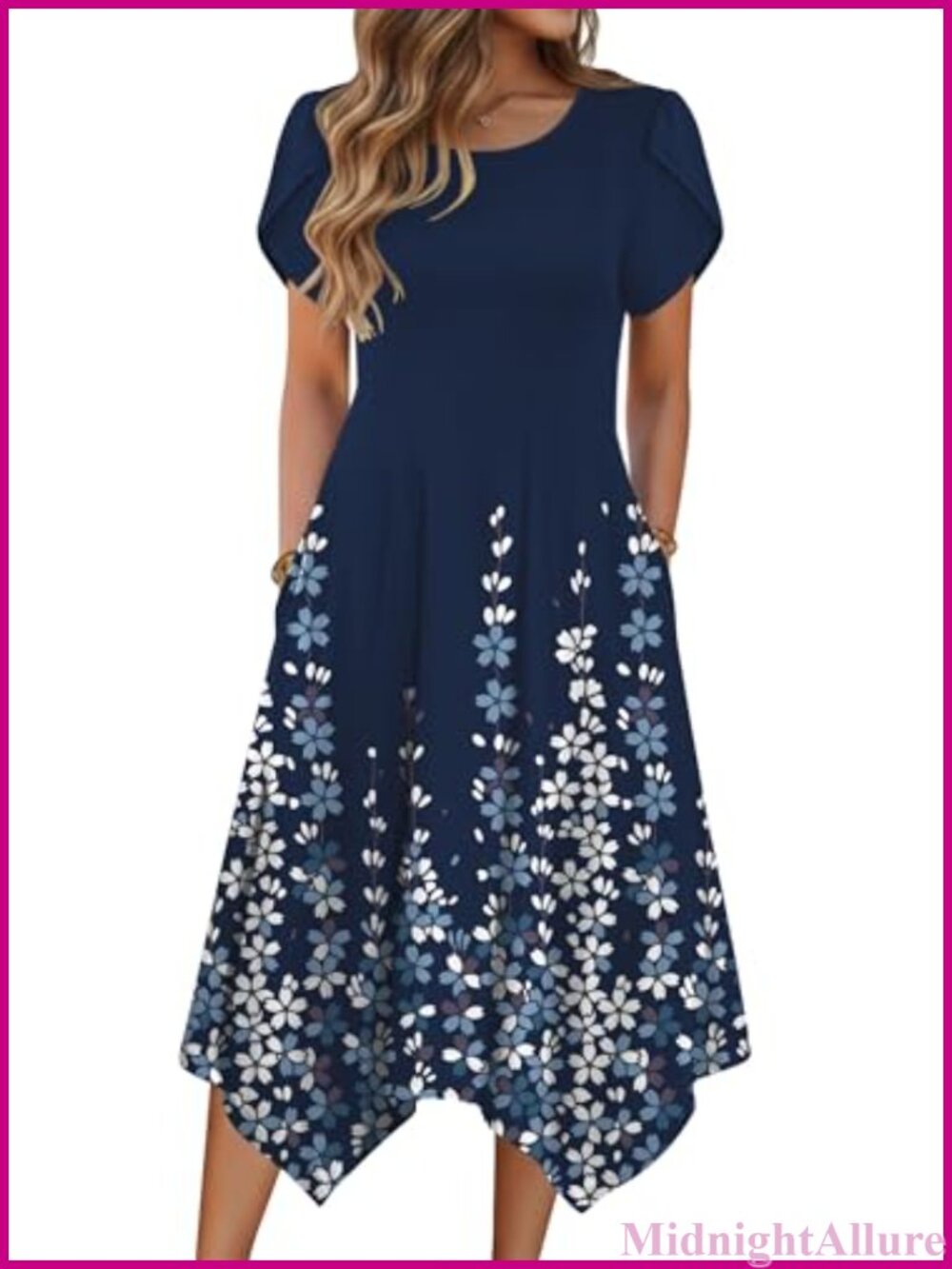 Floral Midi Sundress Petal Sleeve A-Line Beach Dress with Pockets